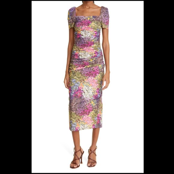ROTATE BIRGER CHRISTENSEN Fransa Ruched Floral Print Midi Dress - EU sz 40 - Picture 1 of 3